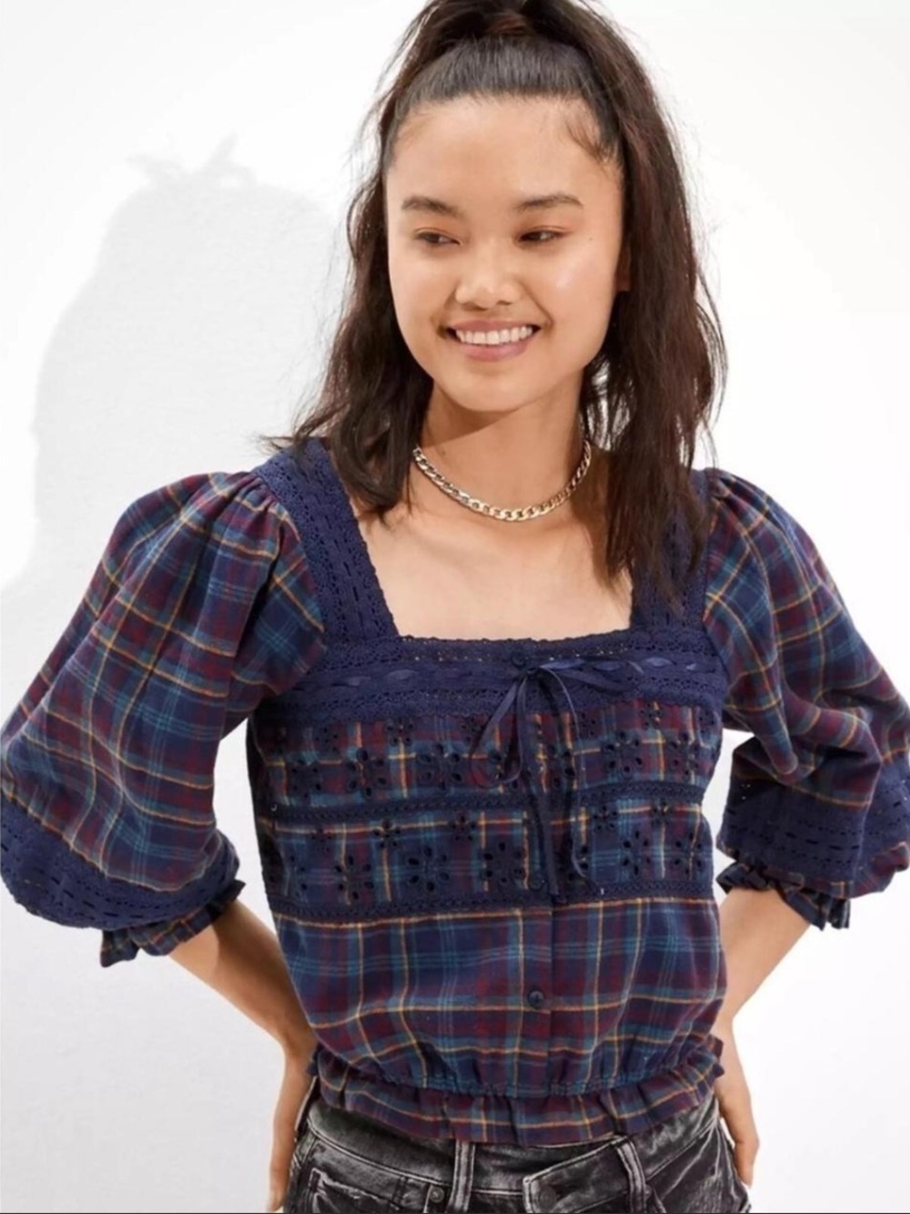 American Eagle Outfitters | Navy Plaid Lace-Trim Square Neck Blouse